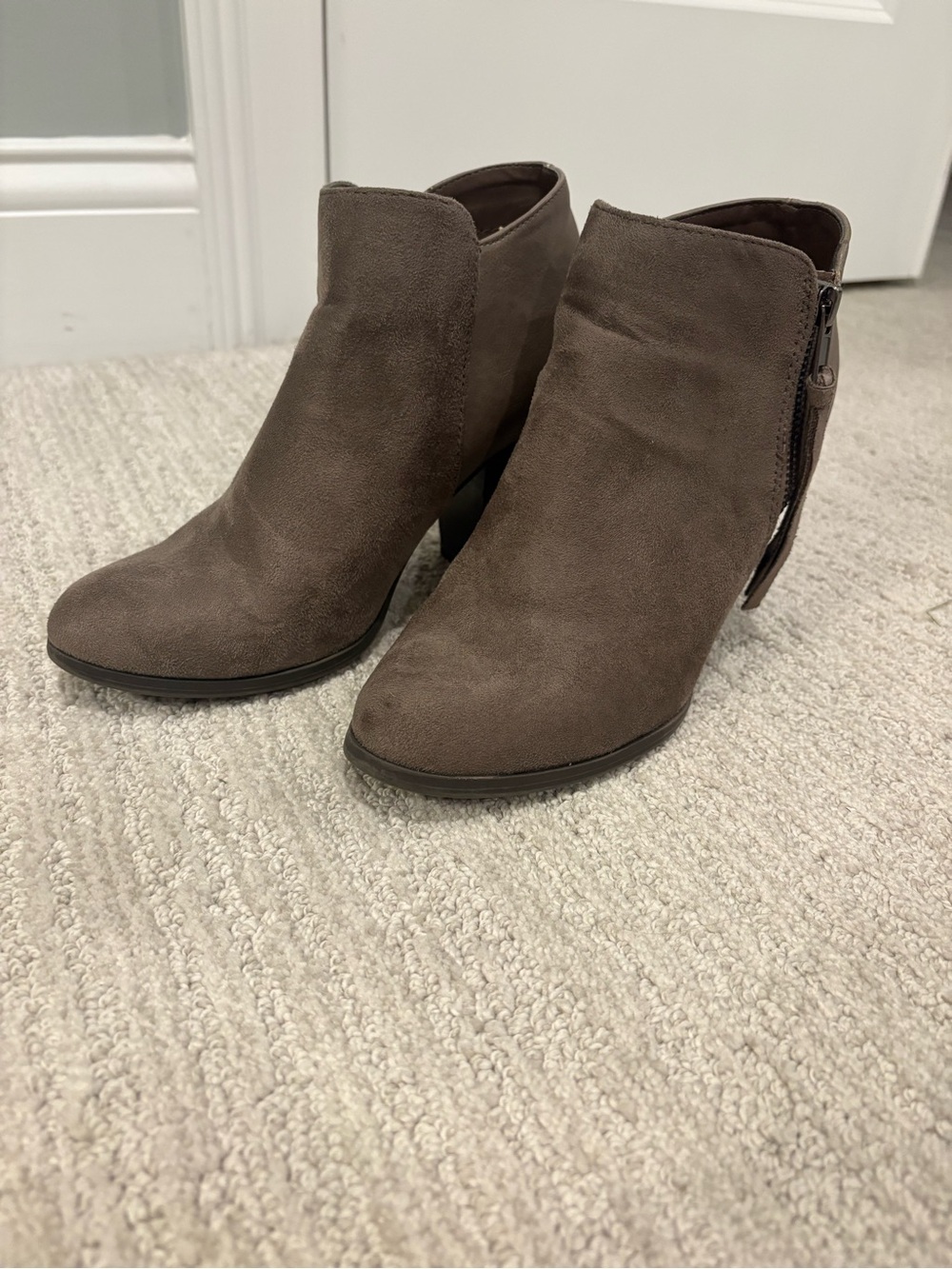 Women's Grey/Brown Suede Ankle Booties - Classic Side-Zip Style